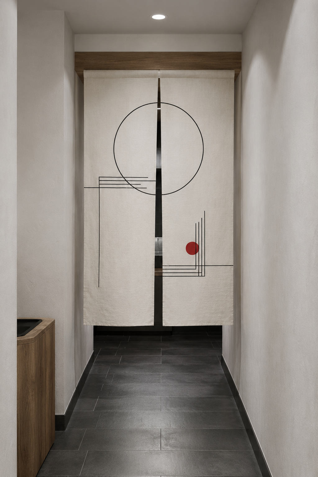 Konsep visual noren terang pada koridor toilet