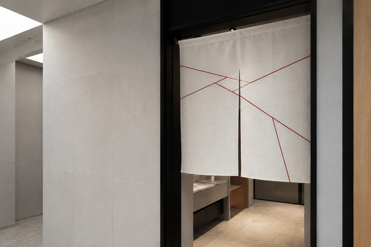 Konsep interior area toilet modern dengan noren dua panel